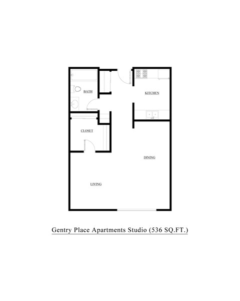 A floor plan of an apartment with a living room, dining room, kitchen, bathroom and closet.